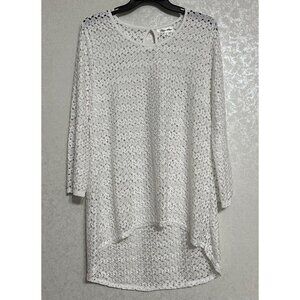 Nicole Marie Ivory Lace High Low Hem Long Sleeve Tunic Swim Cover Mini‎ Dress L